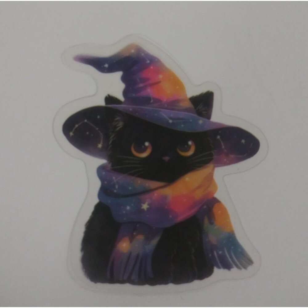 Black Cat Wearing Scarf & Witch's Hat Transparent Sticker 2.25" x 1.78" (AL)